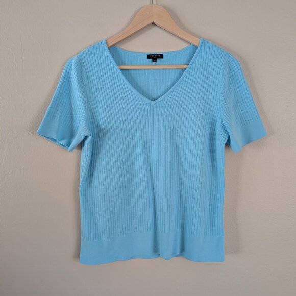 Talbots Blue Ribbed V-Neck Sweater Short Sleeve Layer‎ Classic Transitional MP - Picture 2 of 8